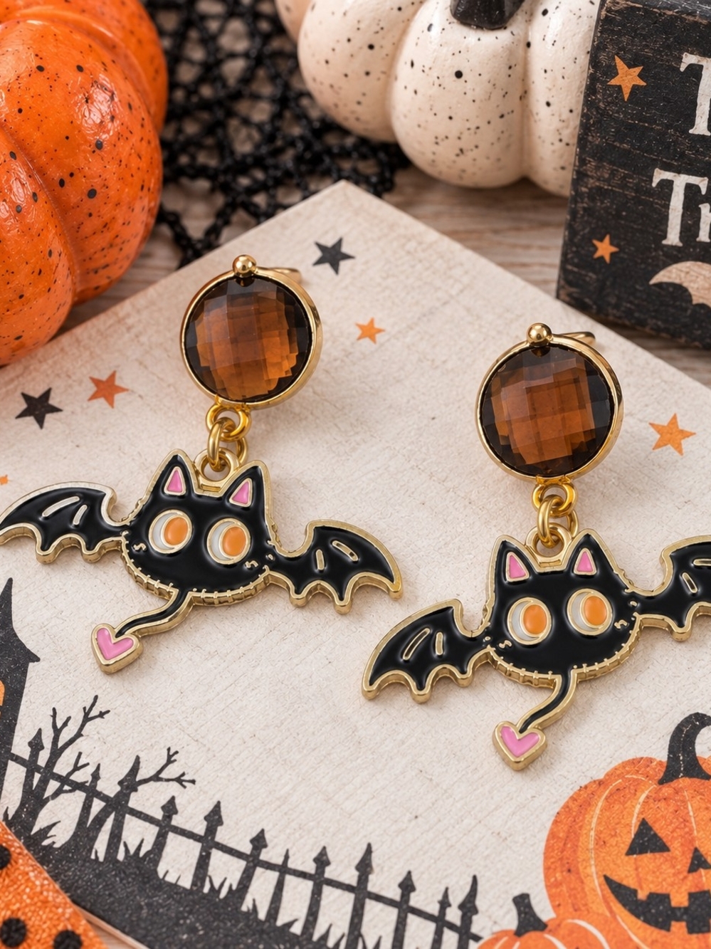 Black Bat Cat Earrings Faceted Amber Orange Crystal Halloween Dangle
